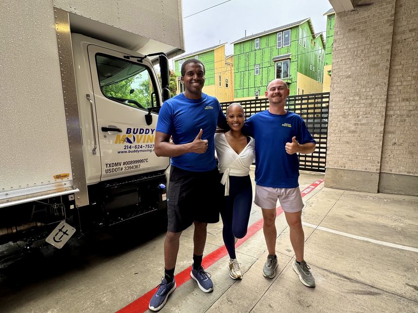 Two Buddy Moving buddies with their customer beside a Buddy Moving truck